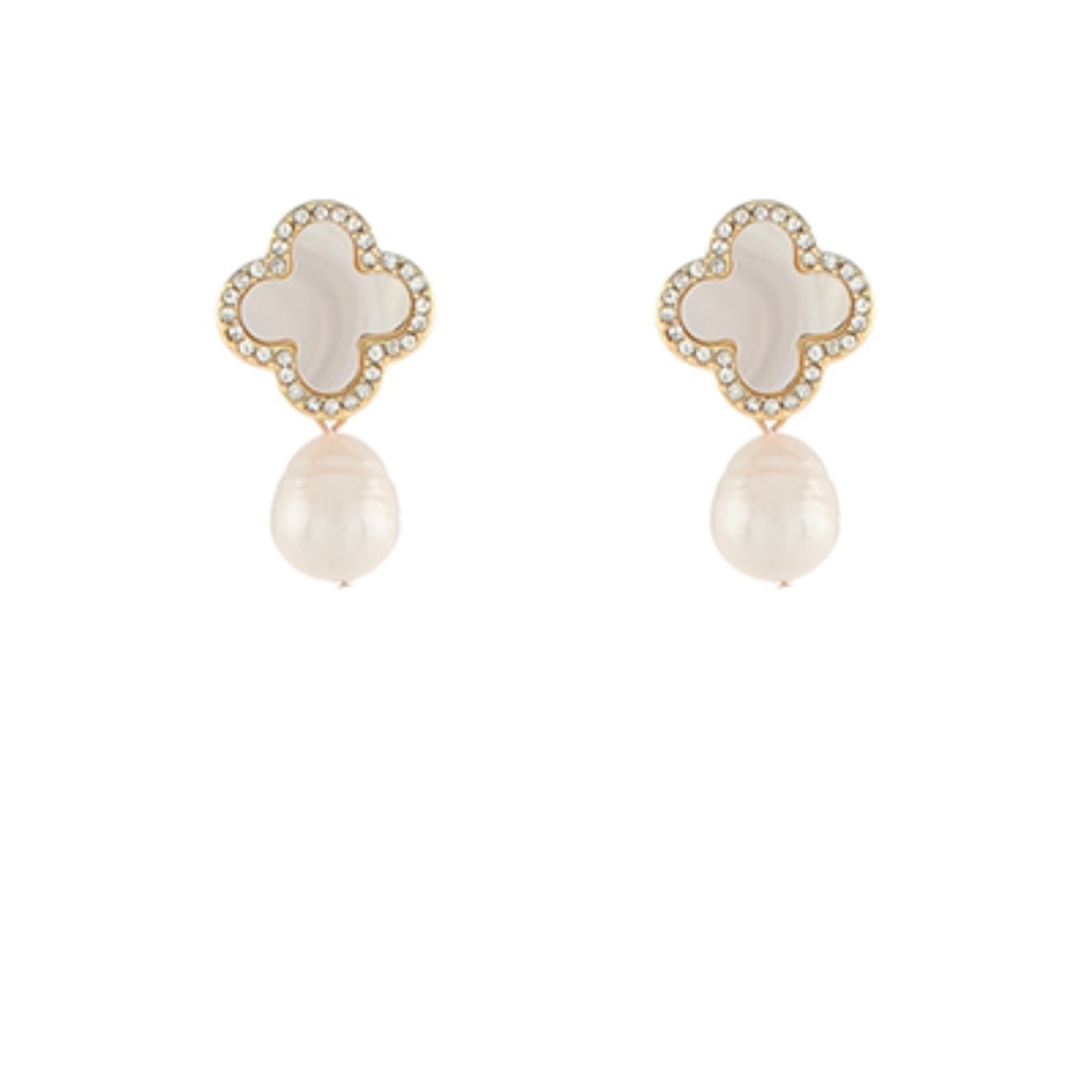 Crystal Clover & Pearl Drop Earrings
